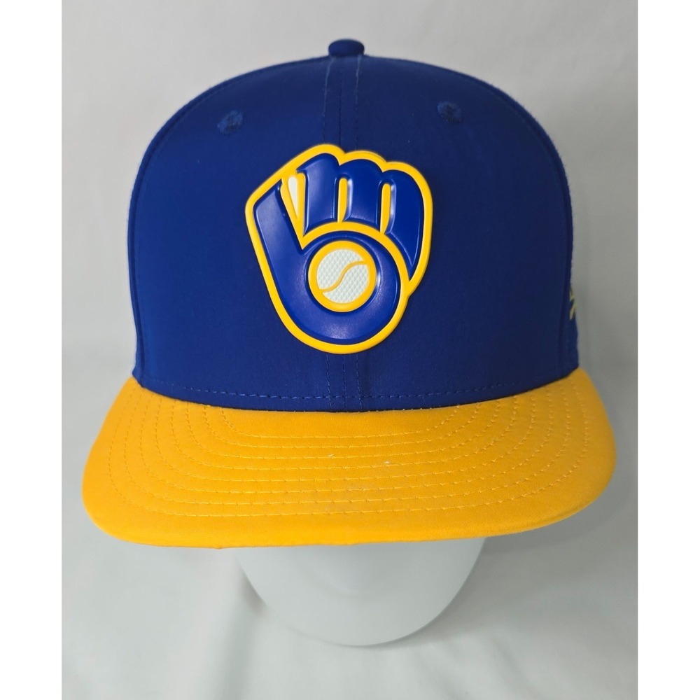 Milwaukee Brewers New Era 59Fifty Fitted Baseball Hat Blue Yellow Size 7-5/8